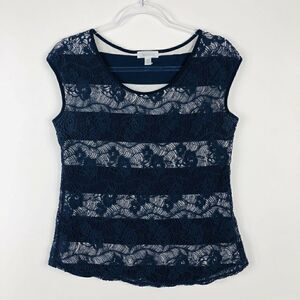 Dressbarn Blue Sleeveless Crochet Striped Top